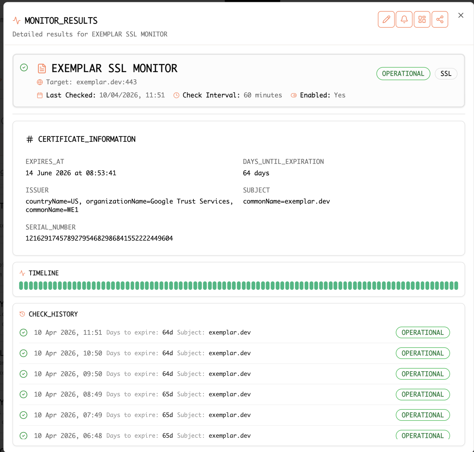 SSL monitor results with certificate metadata, timeline, and operational check history